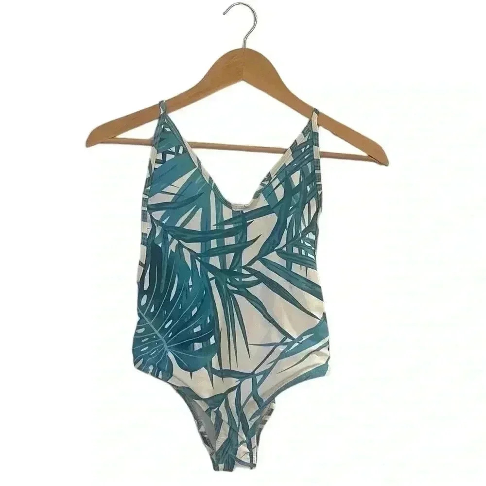 Cupshe palm print one piece swimsuit botanical tropical white blue green small